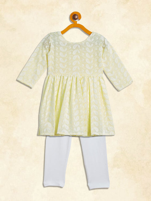 Vastramay SISHU Girl's Yellow And White Chikankari Kurta Leggings Set
